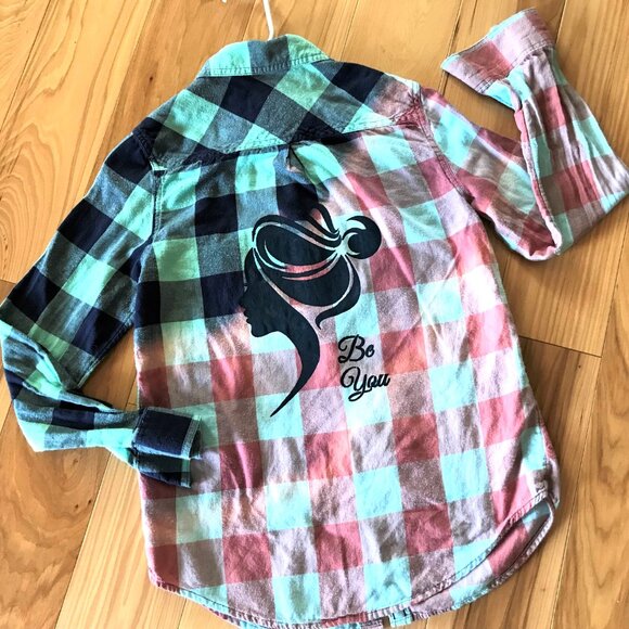 Bleached Flannel Shirt, Size Small: Upcycled Hand Painted Ombre Plaid Top - Picture 8 of 9